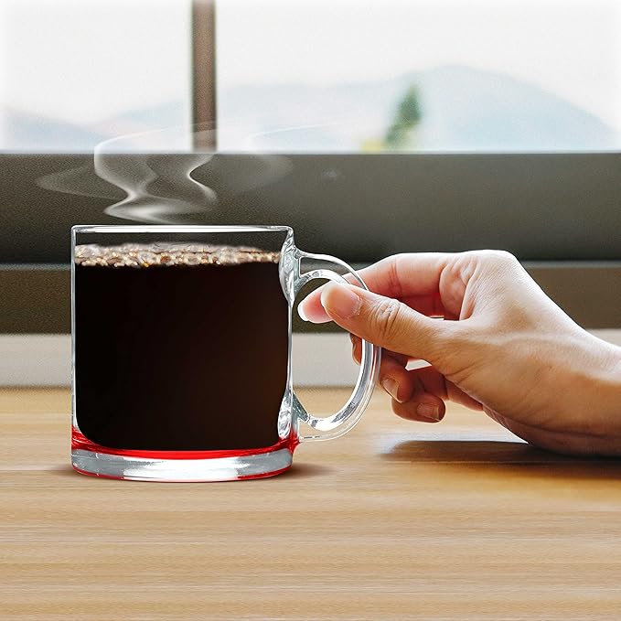 Libbey Clear Glass Coffee Mugs 13 oz. Set of 10, Bulk Pack - Perfect for Coffee, Tea, Espresso, Hot Cocoa, Other Beverages - Red Bottom