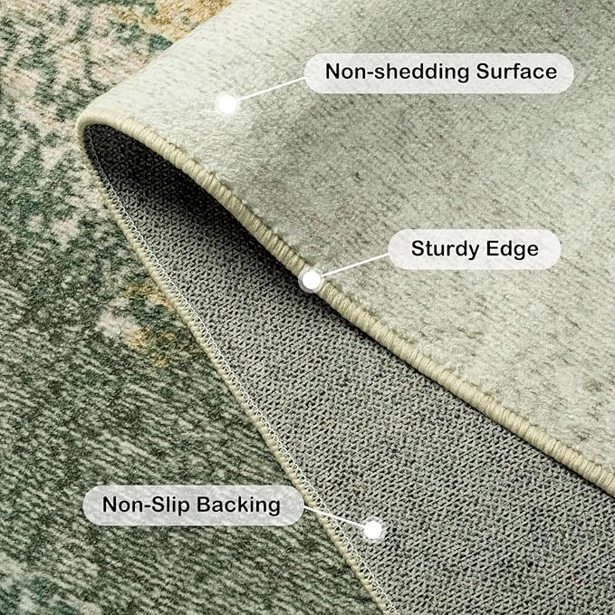 Kelarea Living Room Rug, 9x12 Rug Modern Abstract Washable Rugs, Green Vintage Low Pile Carpet, Non Slip Large Rugs for Bedroom, Dining Room, College Dorm, Home Office