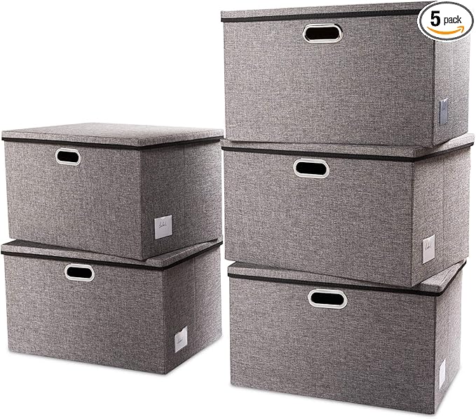 PRANDOM Extra Large Collapsible Storage Bins with Lids [5-Pack] Linen Fabric Foldable Storage Baskets Boxes Organizer Containers Cube with Cover for Bedroom Closet Office Nursery (22.8x15.75x13.8)