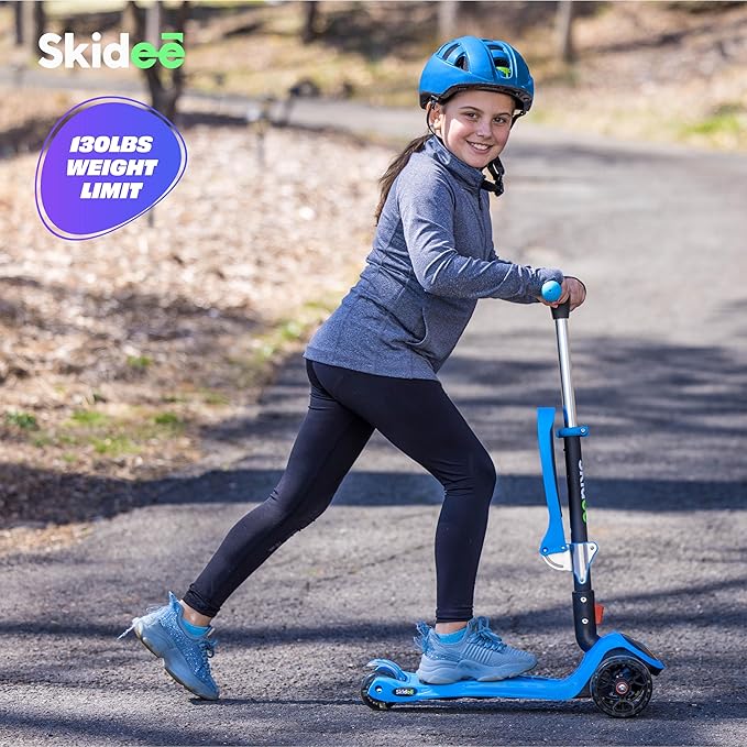 SKIDEE Kick Scooters for Kids Ages 3-5, Adjustable Height Foldable Scooter with Removable Seat, 3 LED Light Wheels, Rear Brake, Wide Standing Board, Suitable Up to 12 Year Old Boys/Girls