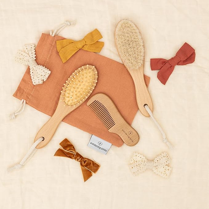 Natural Baby Brush Set - Wooden Brushes and Comb With Boho Travel Bag for Girl or Boy - Soft Goat Hair Brush for Cradle Cap, Bamboo Toddler Brush, Newborn Hairbrush for Scalp Grooming