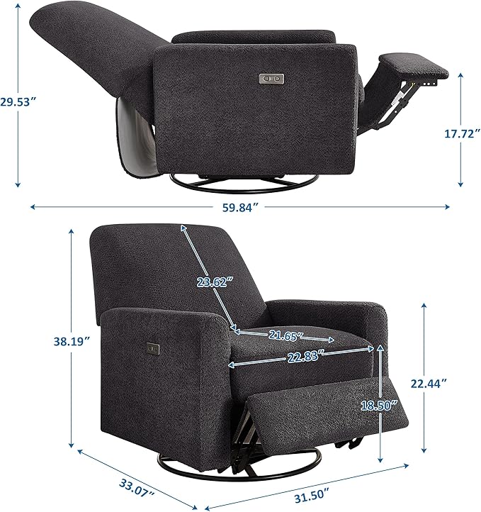 Power Swivel Glider Recliner Chair, Electric Nursery Rocker Recliner Chair, USB & Type-C Charger, Charcoal Gray Boucle