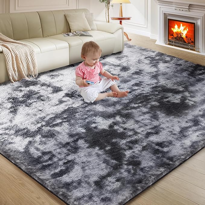 Ultra Soft Rug for Living Room, 4X6 Fluffy Shag Area Rug for Bedroom, Modern Shaggy Carpets Fuzzy Rug for Teens Dorm Nursery Home Decor Aesthetic, Upgrade Anti-Skid Durable, Tie Dye Black and Grey