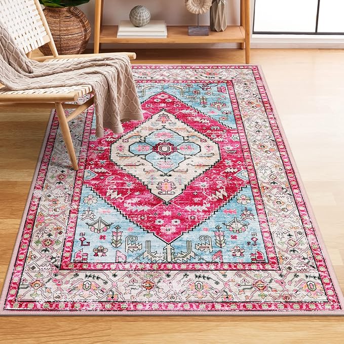 Lahome Boho Round Rug - 6Ft Washable Area Rug, Non-Slip Small Bathroom Rug, Lightweight Bedroom Throw, Oriental Distressed Print Carpet for Entryway, Sofa, Nursery, Kids Room