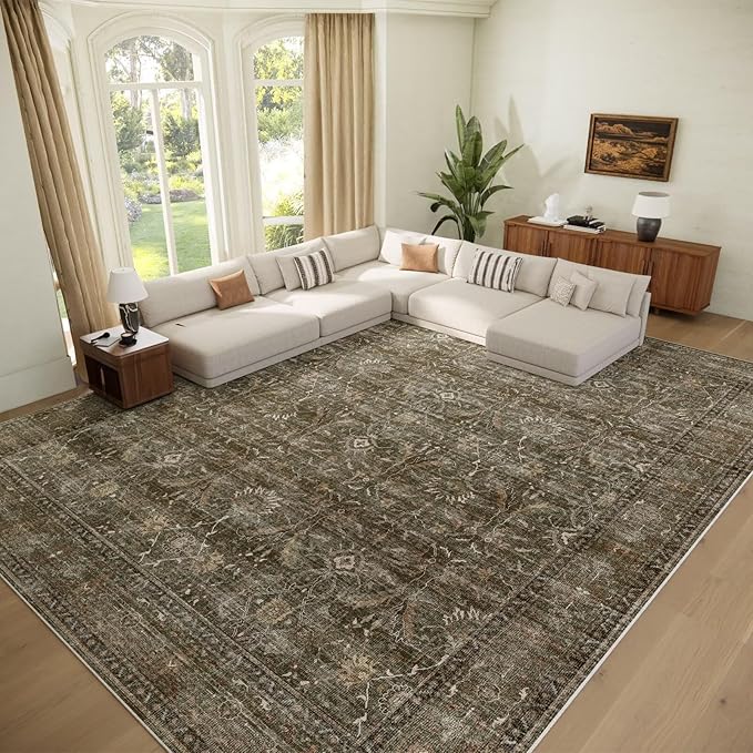 Washable 10x14 Area Rugs for Living Room, Boho Non-Slip Silicone Backing Rugs for Bedroom Dining Room Office, 0.3" Neutral Oriental Throw Carpet with 0.16" Cushioning Pad, Deep Brown/Multi