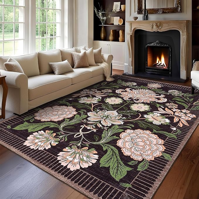 GarveeHome Plum Pink Floral Botanical Washable 9x12 Area Rug for Living Room Soft Black Purple Vintage Boho Cottage Large Rugs Low Pile Carpet for Bedroom Dining Nursery Rug