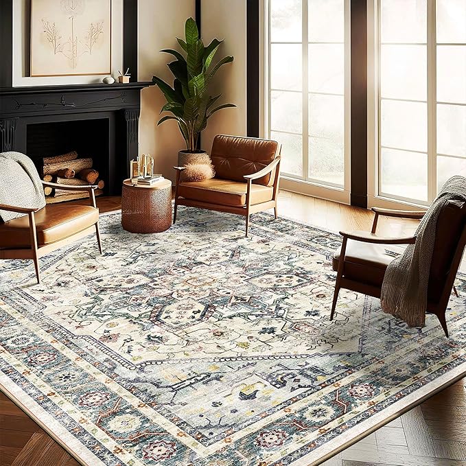 Washable Area Rug 10'x14' Cyan Khaki Retro Flowers Boho Design Non-Shedding Easy Care Ideal for High Traffic Areas in Living Room Bedroom Office Coffee Table Kitchen Large Carpet