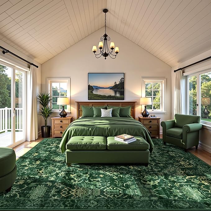 Deerly Dark Green Area Rugs 10x12 for Living Room Soft Non-Slip, Large Bedroom Rug Vintage Dining Room Rug Tribal Farmhouse Carpet for Dining Room Office Green