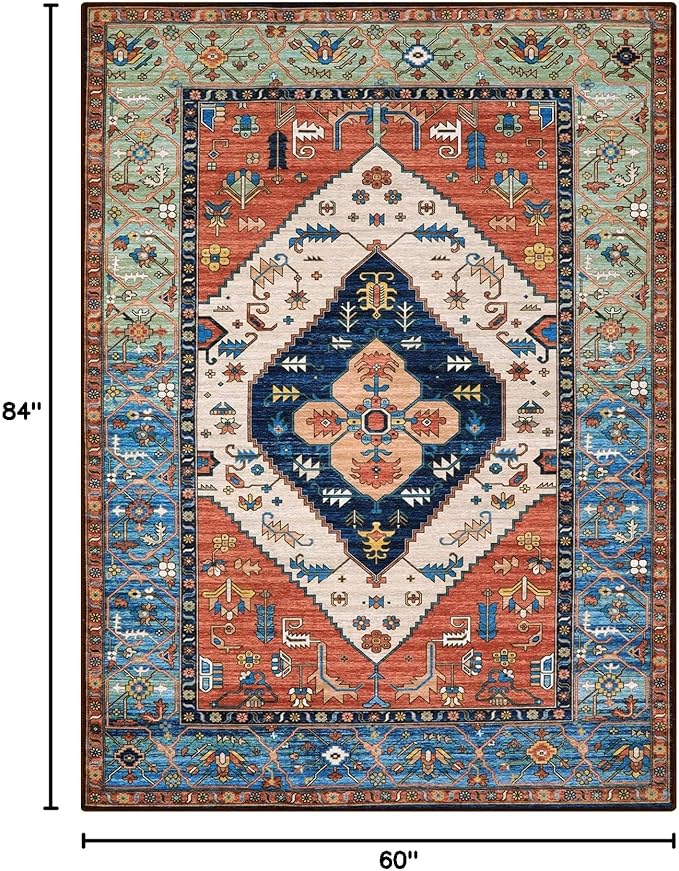 Lahome Boho Machine Washable Rugs - 5x7 Area Rugs for Living Room Non-Slip Oriental Throw Bedroom Rug Ultra-Thin Large Office Dining Room Rug Accent Floor Carpet for Kitchen Laundry Room