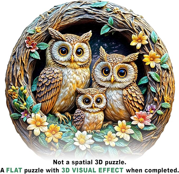 Wooden Puzzles for Adults and Kids - 3D Vision Effects Owl Family Wooden Jigsaw Puzzle - Unique Animal Shaped Wood Puzzles Adult - Creative Birthday Gift Family Game (200pcs)