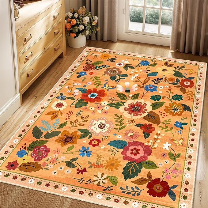 Floral 4x6 Area Rug Machine Washable Soft Print Boho Carpet Non Slip Doormat Low Pile Flower Area Rugs for Living Room Bedroom Nursery Kitchen Dining Room Indoor-Yellow/Orange