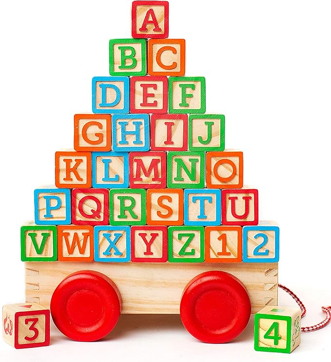 Building Blocks for Toddlers 1-3 Years Old, 30 Large Stackable Wooden Baby Blocks with Alphabet and Number Icons on Every Side, Toy Wagon Included﻿