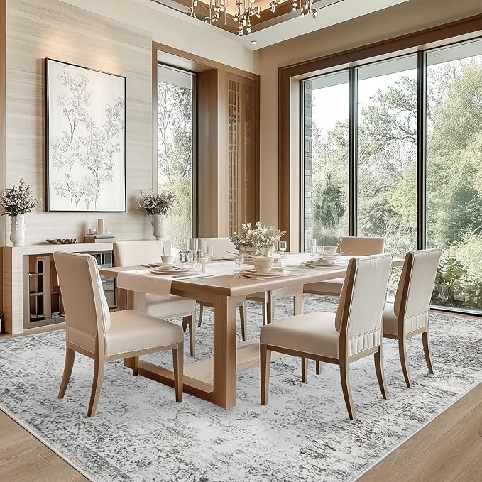 9x12 Area Rug Living Room Rugs - Washable Rug Large Modern Abstract Soft Thin Carpets Indoor Floor No Slip Vintage Carpet for Bedroom Under Dining Table Nursery Home Office Decor Gray
