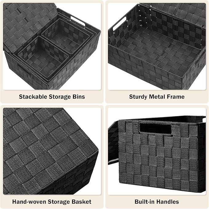 Storage Bins Baskets for Organizing with Lids, Storage Baskets for Shelves Stackable Woven Basket, Gift Small Basket Storage Cubes, Decorative Wicker Basket with Built-in Handles (5 Pack, Black)