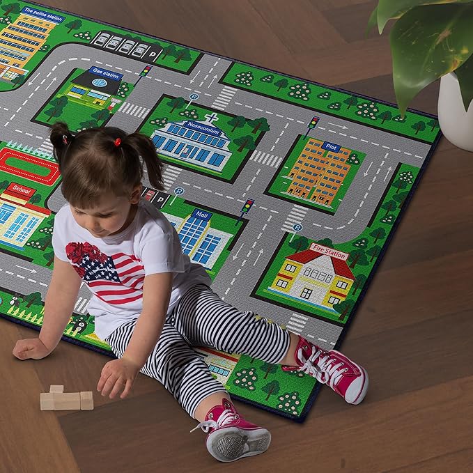 Fun Car Play Area Carpet Car Mat 59"x39" Play Rug for Playroom Town City Road Map for Boys Bedroom Non-Slip Washable