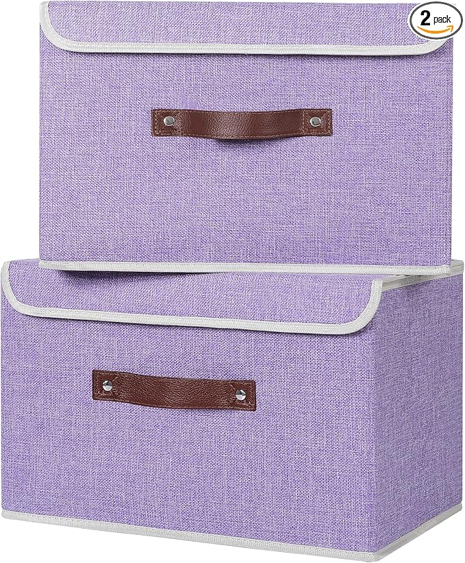 ANMINY 2PCS Storage Bins with Lid PU Leather Handles Storage Boxes PP Plastic Board Decorative Foldable Lidded Cotton Linen Fabric Home Cubes Baskets Closet Organizer Containers - Purple, Large Size