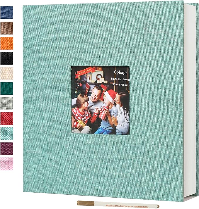 Spbapr Large Photo Album Self Adhesive 60 Pages Linen cover DIY Magnetic Scrapbook album with A Metal Pen Hold 4x6 5x7 6x8 8x10 10x12 Pictures Turquoise