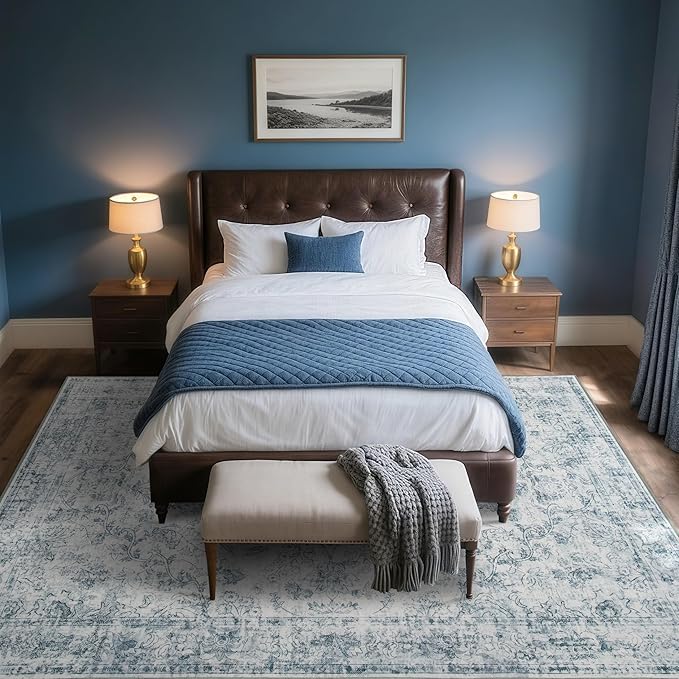 Light Blue 6x9 Area Rug Machine Washable for Living Room, Distressed Non Slip Rugs for Bedroom, Traditional Indoor Retro Floral Accent Vintage Carpet for Office Dining Room, Dorm