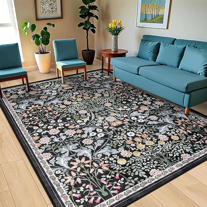 Area Rugs 9x12 Living Room: Floral Washable Rug Vintage Large Soft Boho Non-Slip Carpet Indoor Stain Resistant Low Pile Carpets for Bedroom Dining Room Farmhouse Nursery Hallway Home Office Dark Black