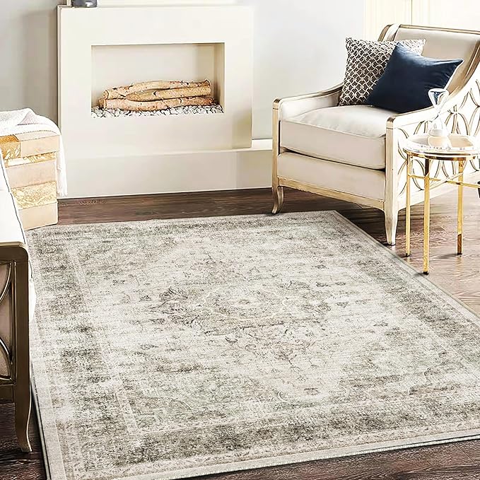 Area Rug 5'x7' Washable Rug Floral Khaki Traditional Floor Cover Thin Retro Kitchen Indoor Distressed Non Slip Carpet for Living Room Bedroom Dining Room
