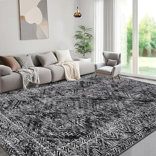 COZYLOOM Area Rug for Bedroom 5x7 Machine Washable Rugs for Living Room Modern Abstract Floor Cover Non Slip Low Pile Geometric Mats Stain Resistant Soft Carpet for Dining Room, Black