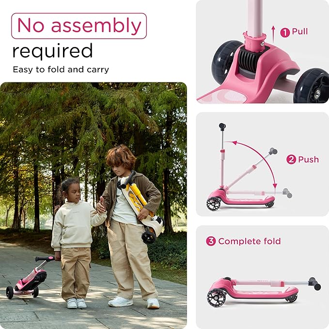 KUB Toddler Scooter for Kids Ages 2+, 3 Wheel Kick Scooter with LED Light-Up Wheels, Adjustable Height Handlebar, Lean-to-Steer, Anti-Slip Deck, Easy-Fold Design, Gift for Boys and Girls