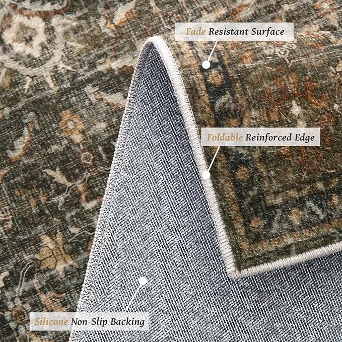 Washable 4x6 Rugs for Living Room, Boho Non-Slip Silicone Backing Small Rugs for Bedroom Nursery Office, 0.3" Neutral Oriental Throw Carpet with 0.16" Cushioning Pad, Deep Brown/Multi