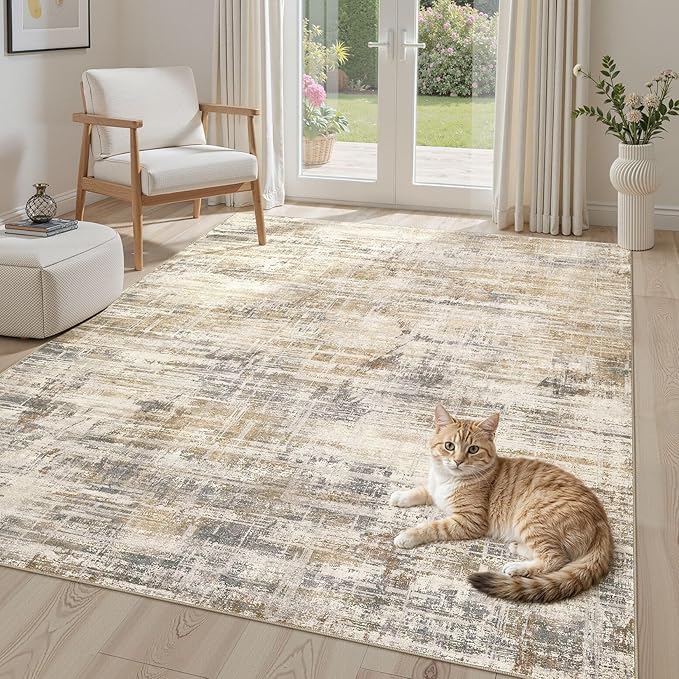Area Rug for Living Room: 5x7 Thickened Washable Neutral Abstract Modern Soft Rugs Non Slip Indoor Floor Stain Resistant Carpet for Bedroom Dining Room Office Nursery - Golden Brown