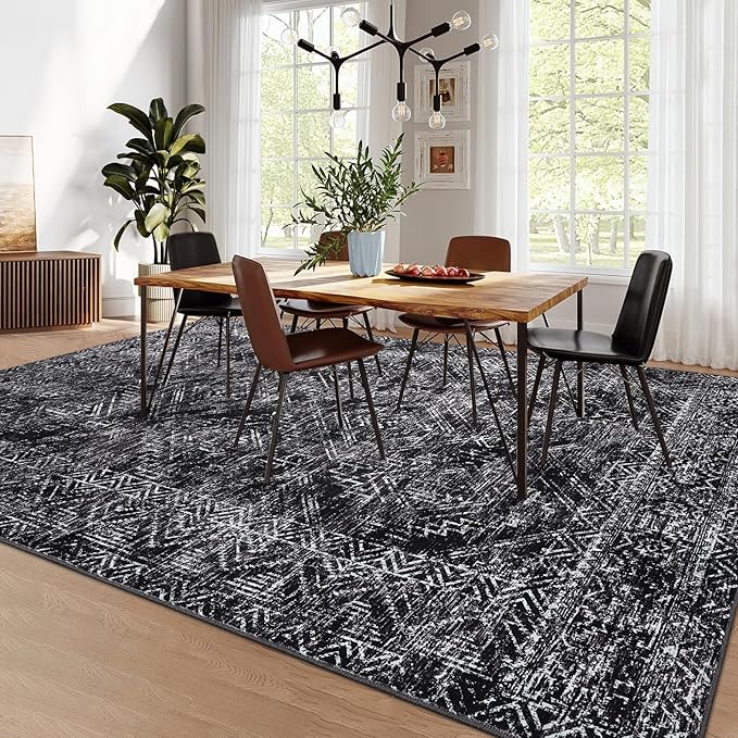 COZYLOOM Black Rug for Living Room 10x13 Machine Washable Area Rugs Modern Abstract Door Mats Non Slip Stain Resistant Geometric Accent Rug for Bedroom, Dining Room, Nursery