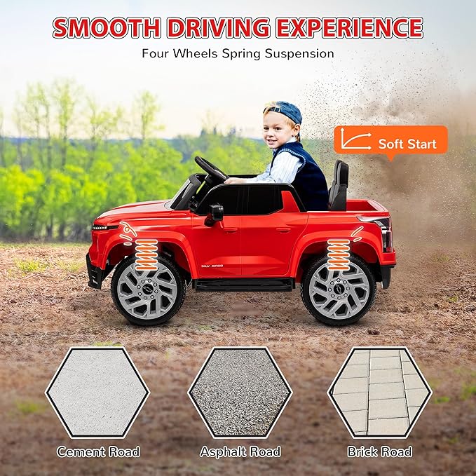 Qaba 12V Kids Ride on Truck, Chevrolet Silverado EV RST Licensed Electric Car with Parent Remote Control, Back Storage, Spring Suspension, Soft Start, Auxiliary Wheels, LED Lights, Music, MP3, Red