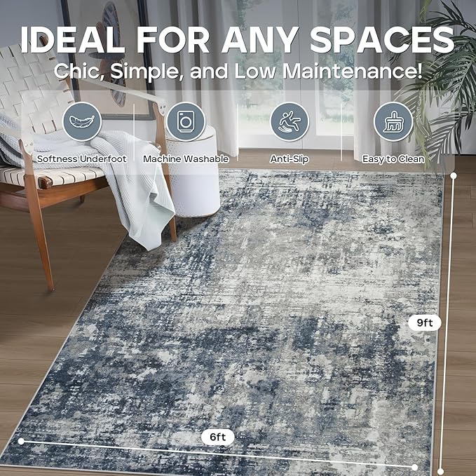 6x9 Area Rugs for Living Room Rug Washable: Modern Rug for Dining Room Bedroom Carpet Non Slip Low Pile 6 by 9 Indoor Abstract Nursery Home Office Blue Grey