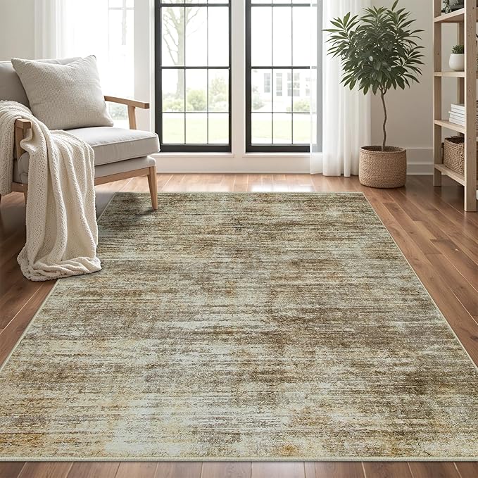 Washable Rug 6x9 Area Rugs, Abstract Large Living Room Rugs with Non-Slip Backing, Thin Carpet for Dorm Dining Room Table Nursery Indoor Home Office-Brown