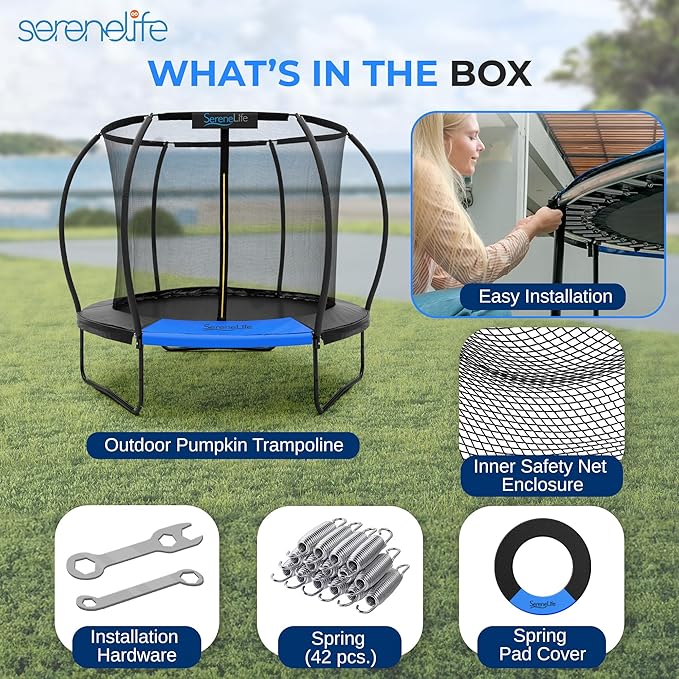 SereneLife 8FT 10FT 12FT 14FT Outdoor Trampoline for Kids - Recreational Backyard Trampoline with Curved Safety Poles and Net Enclosure- ASTM Approval for Kids Adults