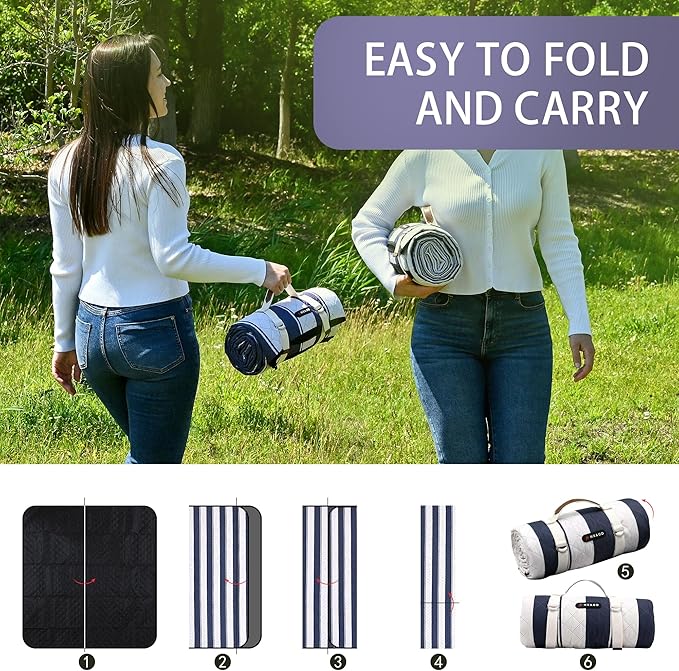 HX&OD Outdoor Picnic Blanket Extra Large, 80''*80'' Waterproof Picnic Mat with Stakes Foldable Camping Blanket Portable with Carry Strap for Beach Mat (Blue& White, 80''*80'')