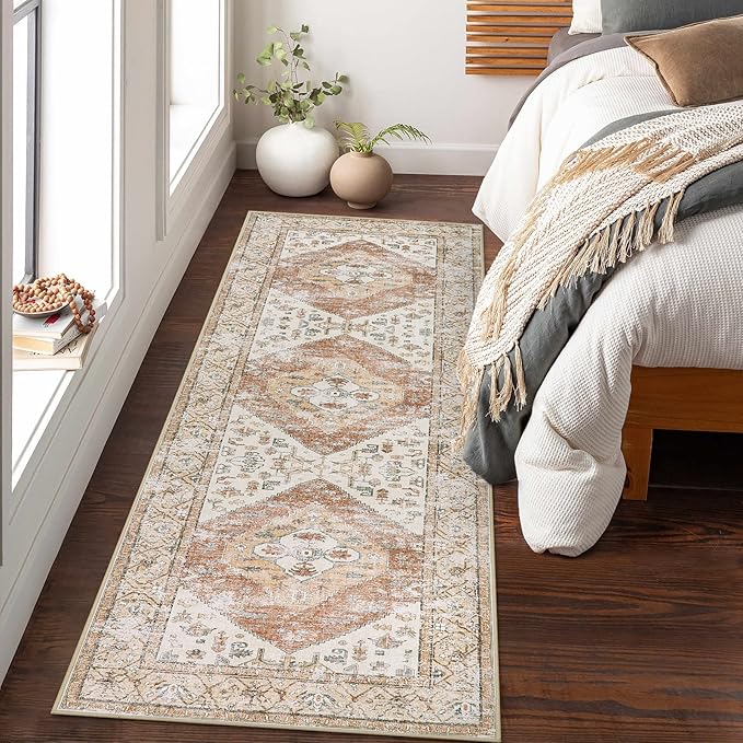 Lahome Boho Washable Rug Runner - 2x7 Non-Slip Runners Rugs for Hallways Non-Shedding Lightweight Runners for Kitchen, Oriental Distressed Print Indoor Carpet Runner for Entrance Bathroom Laundry Room