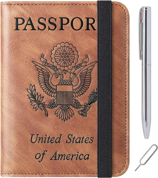 Passport Holder Cover Wallet Travel Essentials Leather Rfid Blocking Case Vacation Luggage Must Haves Travel Accessories for Men Women (116#Brown)