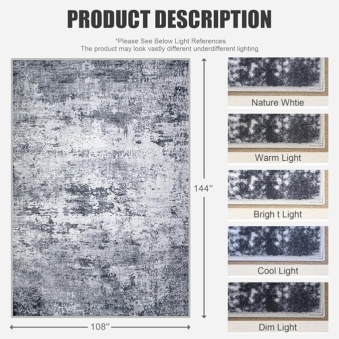 9x12 Area Rug Living Room Rug: Washable Modern Abstract Soft Thin Rug Indoor Floor No Slip Stain Resistant Carpet for Bedroom Dining Room Farmhouse Nursery Home Office - Grey