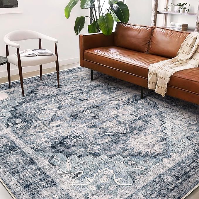 Washable Area Rug 8'x10' Dark Blue Retro Boho Design Non-Shedding Non-Slip Easy Care Ideal for High Traffic Areas in Living Room Bedroom Office Coffee Table Kitchen Large Carpet