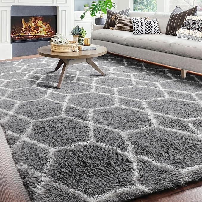 ONASAR 6x9 Area Rugs for Living Room Bedroom, Washable Large Fluffy Grey and White Throw Rug, Geometric Soft Plush Shaggy Floor Carpet for Nursery Kids Girls Boys Teen Dorm Home Decor Aesthetic
