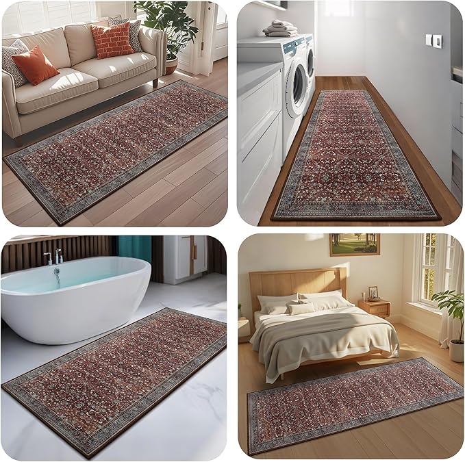 2x6 Washable Kitchen Runner Rug for Hallways, Non Slip Laundry Runners for Bathroom, Low Pile Rubber Backed Rugs for Entryway, Vintage Floral Carpet for Living Room Bedroom Brick Red
