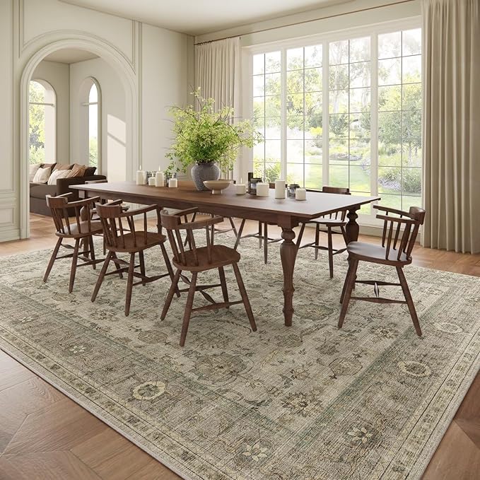 Washable 9x12 Area Rugs for Living Room, Boho Non-Slip Silicone Backing Rugs for Bedroom Dining Room Nursery Office, 0.3" Neutral Oriental Throw Carpet with 0.16" Cushioning Pad, Light Brown/Multi