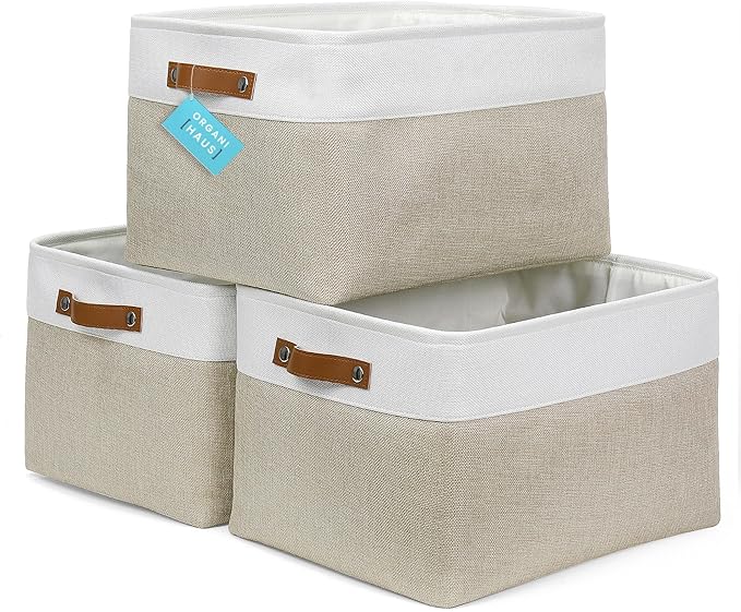 OrganiHaus Extra Large Fabric Storage Bins for Shelves 16x13in, Closet Storage Baskets for Shelf Organizing, Canvas Rectangle Bins for Organization, Linnen Baskets for Organizing - Beige/Off-White