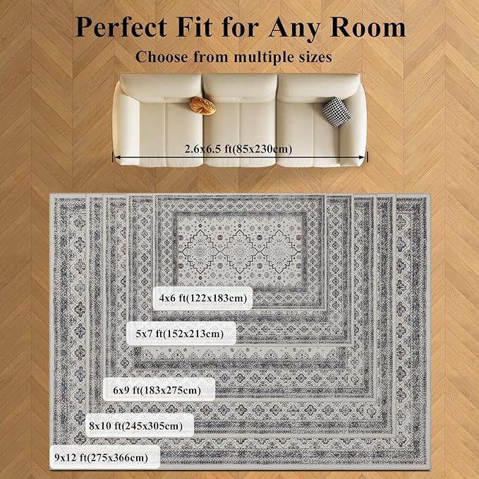 Washable 6x9 Area Rug for Living Room, Carpet for Bedroom Dining Room, Non Slip&Non-Shedding Resistant Low Pile Vintage Print Rug for Home Office (White Cream/Gray)