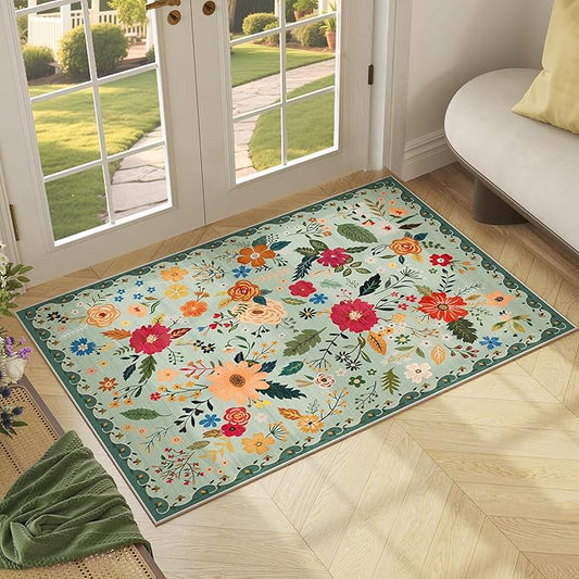 3x5 Area Rug, Floral Green Washable Rug for Entryway, Non Slip Flower Area Rugs, Soft Low Pile Indoor Doormat Small Carpet, Rugs for Living Room Bedroom Nursery Kitchen Dining Room, Sage Green