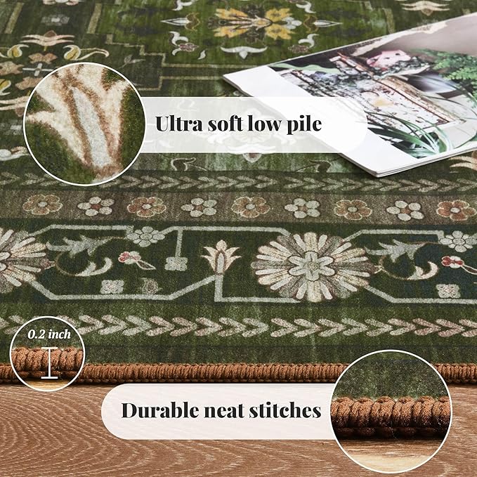 5x7 Washable Area Rug for Living Room Dining Room, Distressed Non Slip Vintage Floral Rugs for Bedroom, Traditional Indoor Floor Carpet for Dining Kitchen Farmhouse Dark Green