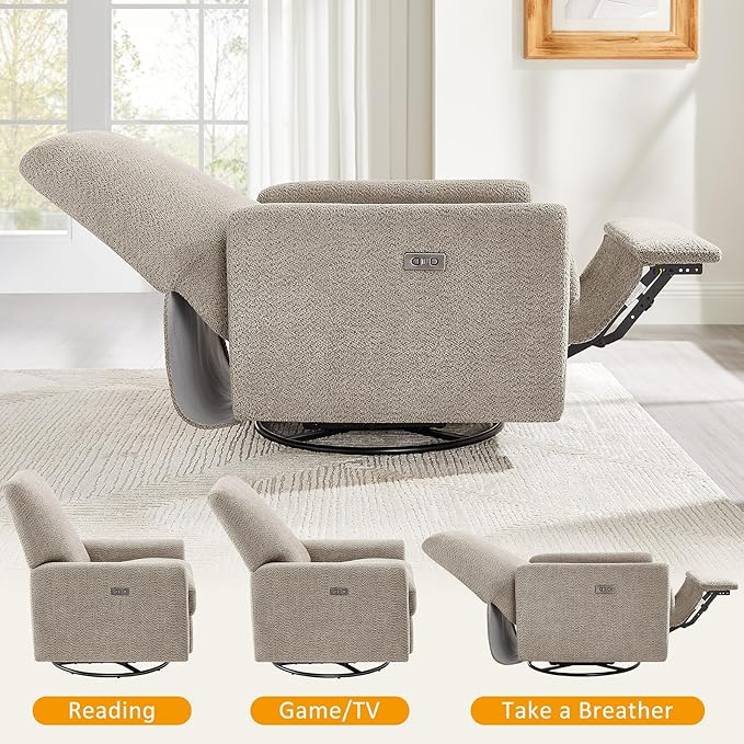 Power Swivel Glider Recliner Chair, Electric Nursery Rocker Recliner Chair, USB & Type-C Charger, Warm Camel Boucle