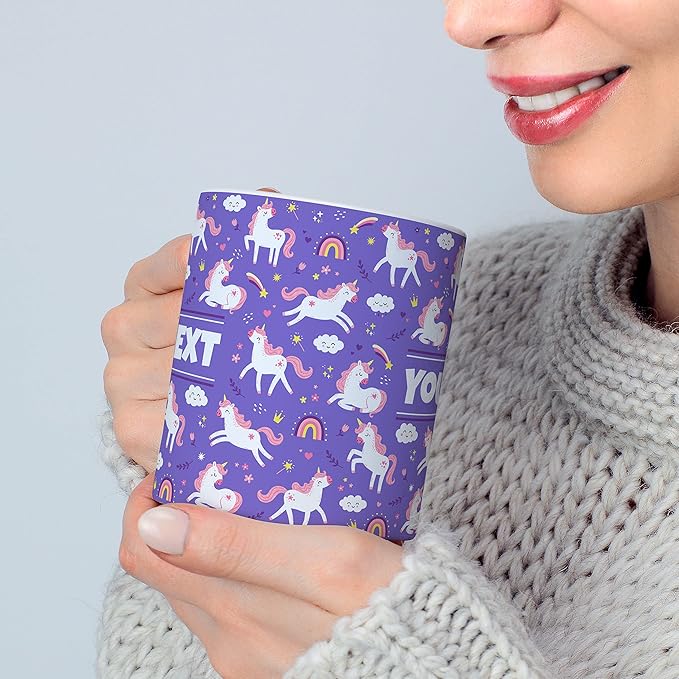 Personalized Mug for Kids - Purple Unicorn - Custom Name/Text, Ceramic Hot Chocolate/Cocoa/Coffee Cup for Girls, Birthday/Christmas/Holiday Gift - 15 oz, Navy Blue Handle