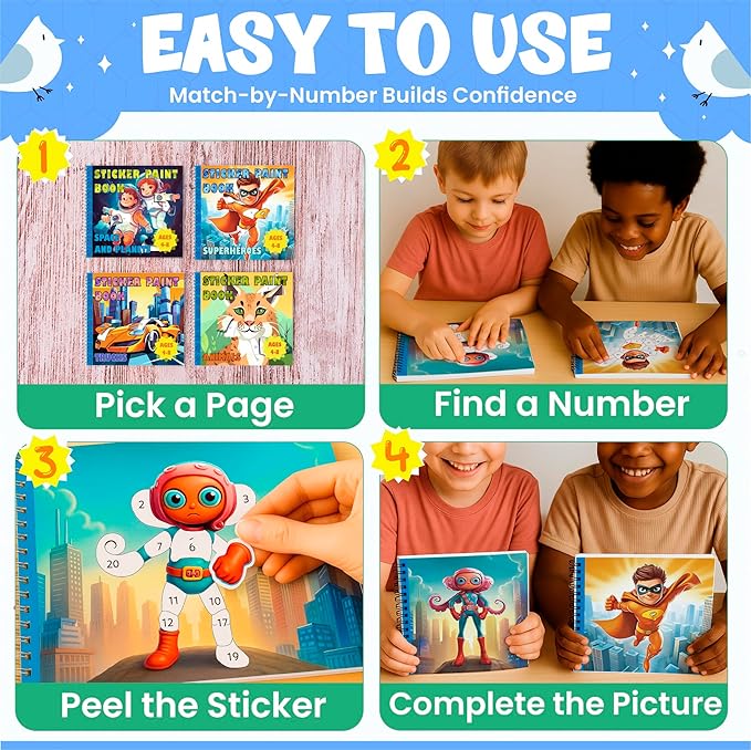 BulbaCraft 4Pcs Sticker Paint Books for Boys - Sticker Books by Number with Superheroes, Trucks, Animals and Space - Coloring Activity for Kids