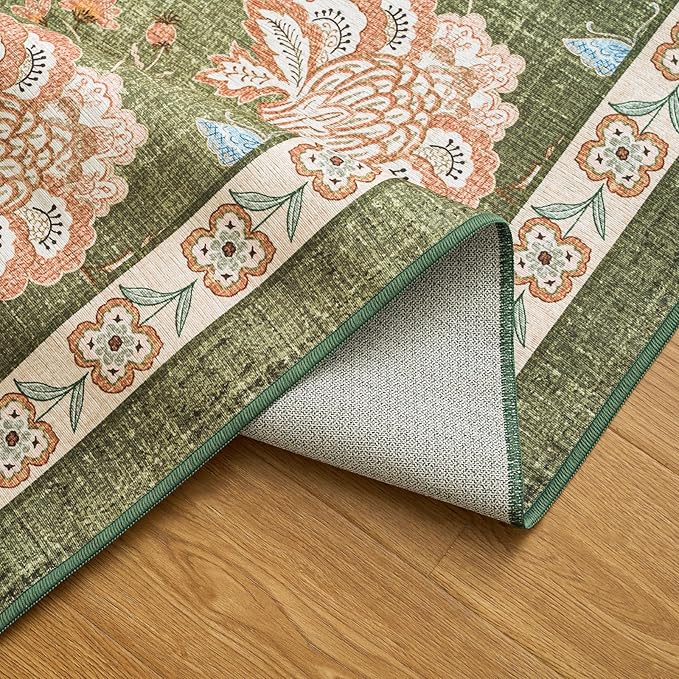 jinchan Floral Corner Rug for Kitchen Washable Nursery Rug Vintage Romance Design Non Slip Quarter Circle Lightweight Low-Pile Throw Carpet for Playroom Reading Nook Office, 5ft Radius, Green