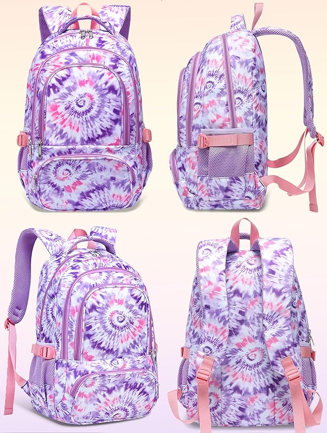 BLUEFAIRY Kids Backpack for Girls Elementary Primary Middle School Bag for Aged 8-10 for Teens Childs Bookbag Back to School Bag Mochilas Escolares para Niñas de 7 8 9 10 Tie-dye Purple